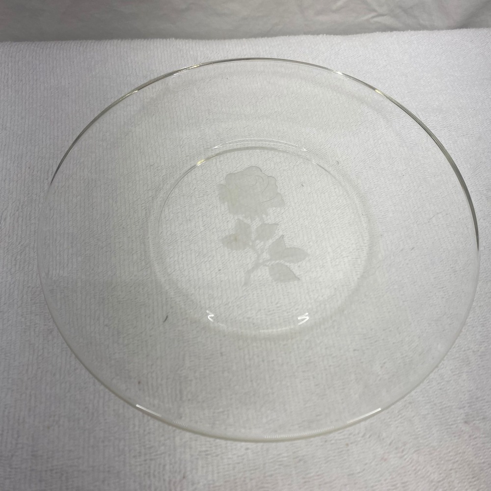 Vintage Clear Glass 8 Inch Salad Plate Frosted Rose Etched Floral Center